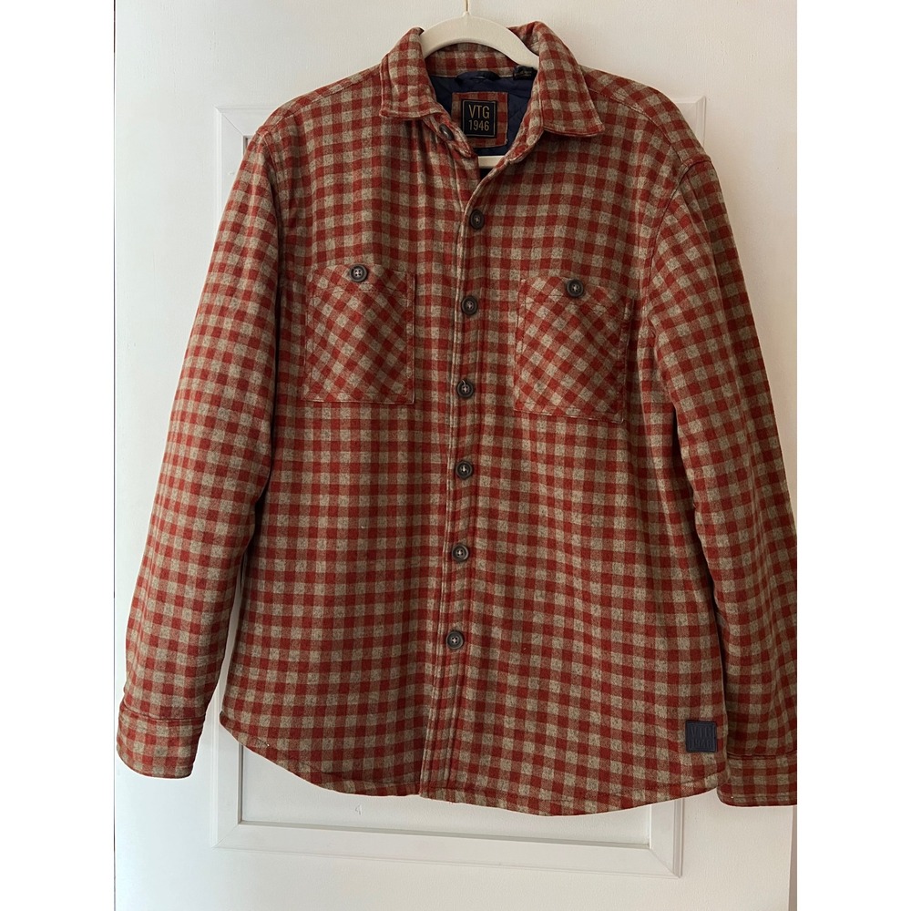 VTG 1946 Mens Red Tan Gingham Quilted Flannel Shirt Jacket Lined Size L 44x29